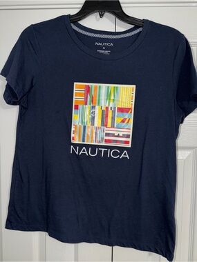 Nautica Navy Short Sleeve Tee with Multicolor Striped Graphic